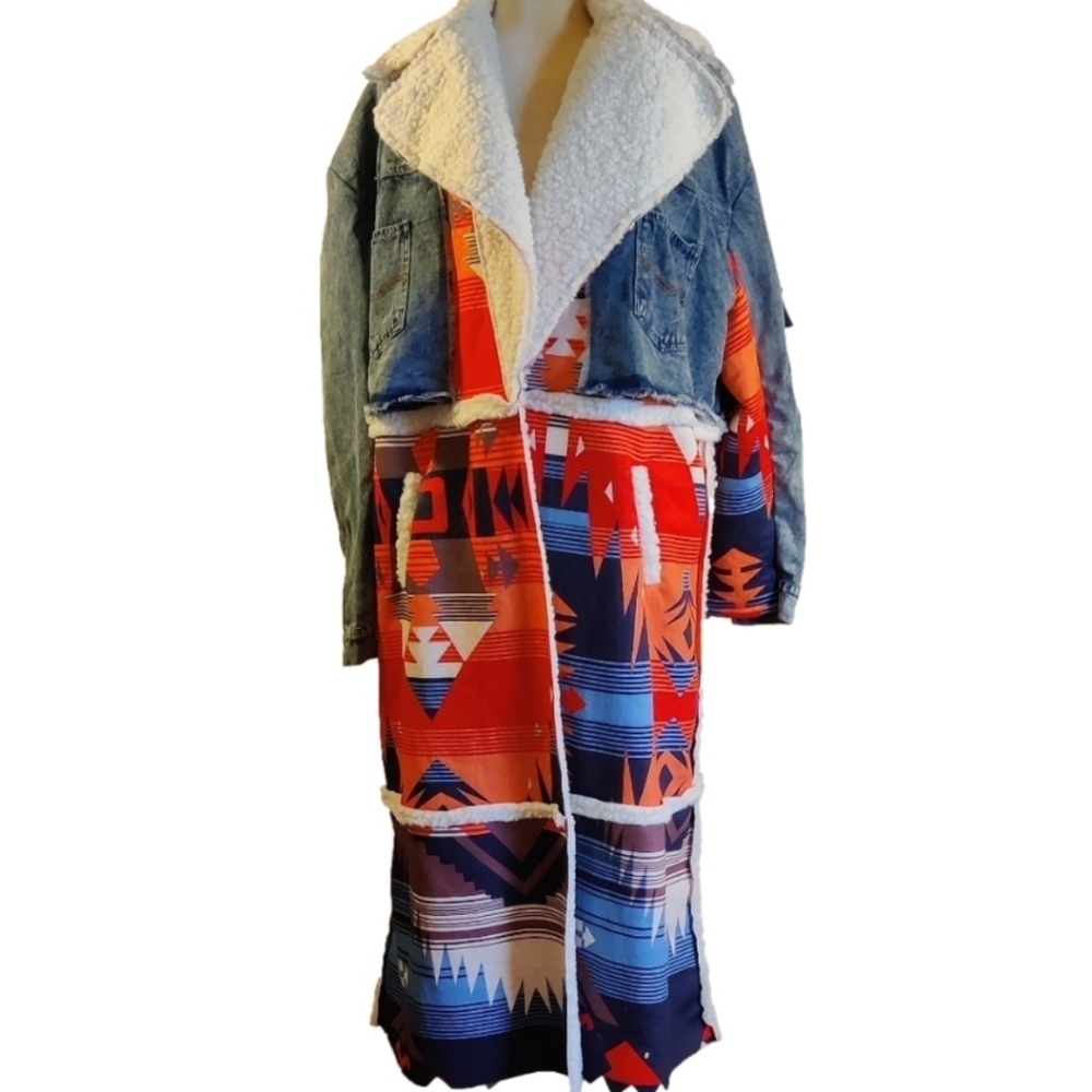 Loragal Women's Mixed Patchwork and Denim Aztec Print Coat NWT Size 3XL